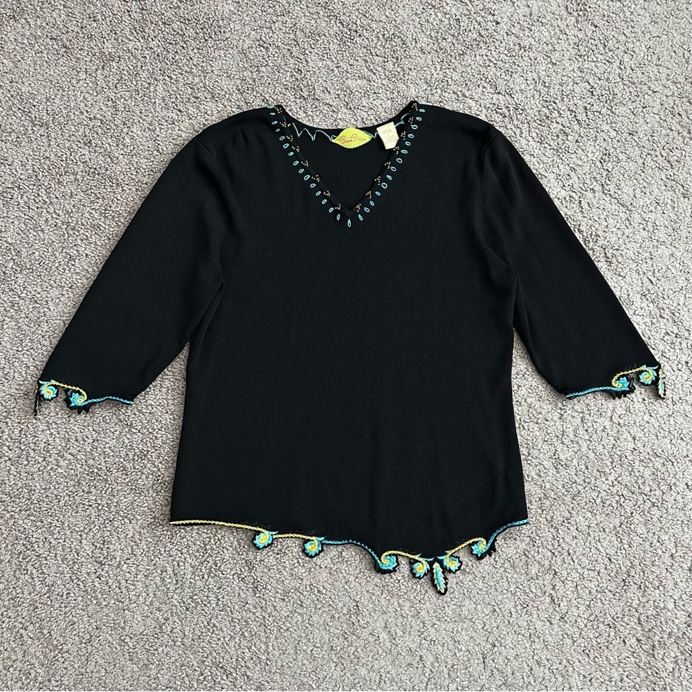 Prima Bella Black Knit Embroidered Beaded Shirt Womens L